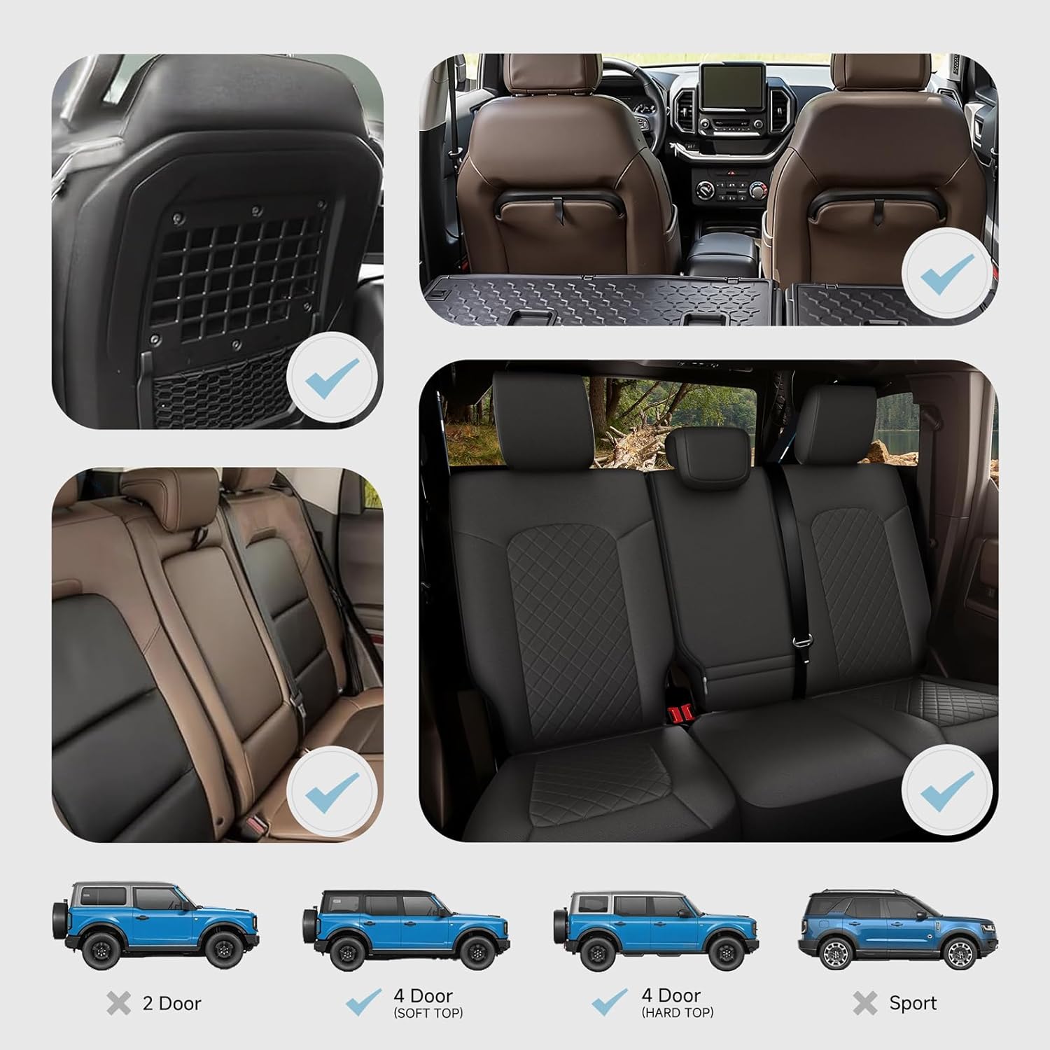 GIANT PANDA Full Set Car Seat Covers Custom Fit Ford Bronco 4 Door 2021 2022 2023 2024 2025 Base, Big Bend,Black Diamond,Outer Banks,Badlands,Wildtrak,Heritage with Rear Cup Holder,Faux Leather(Black)